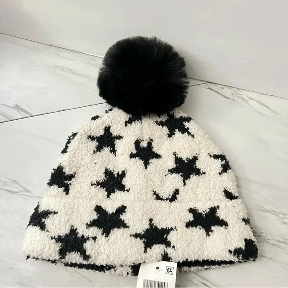 Jenni Pom Pom Beanie Hat White Black Stars Details Soft Cozy - Picture 4 of 4